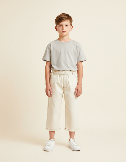 Pantalon Beige Ample Surpiqûres Décontracté Enfant - Toile