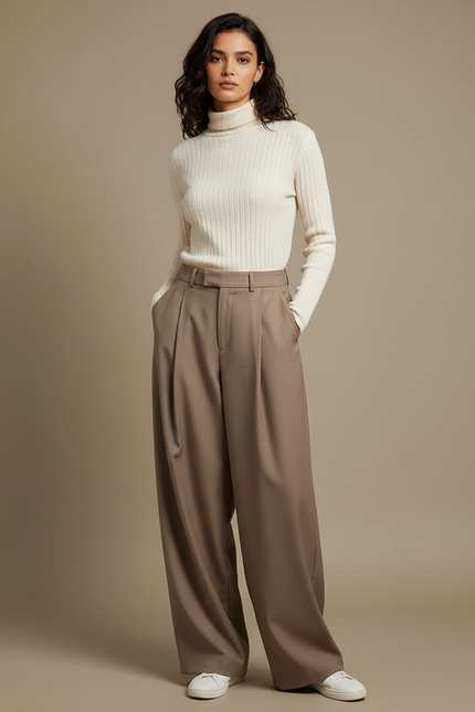 Pantalon Beige Taille Haute Plissé Ample Élégant Femme - Gabardine