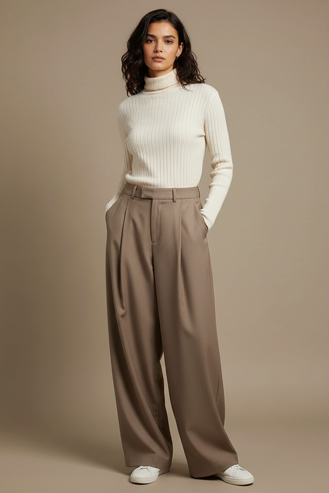 Pantalon Beige Taille Haute Plissé Ample Élégant Femme - Gabardine