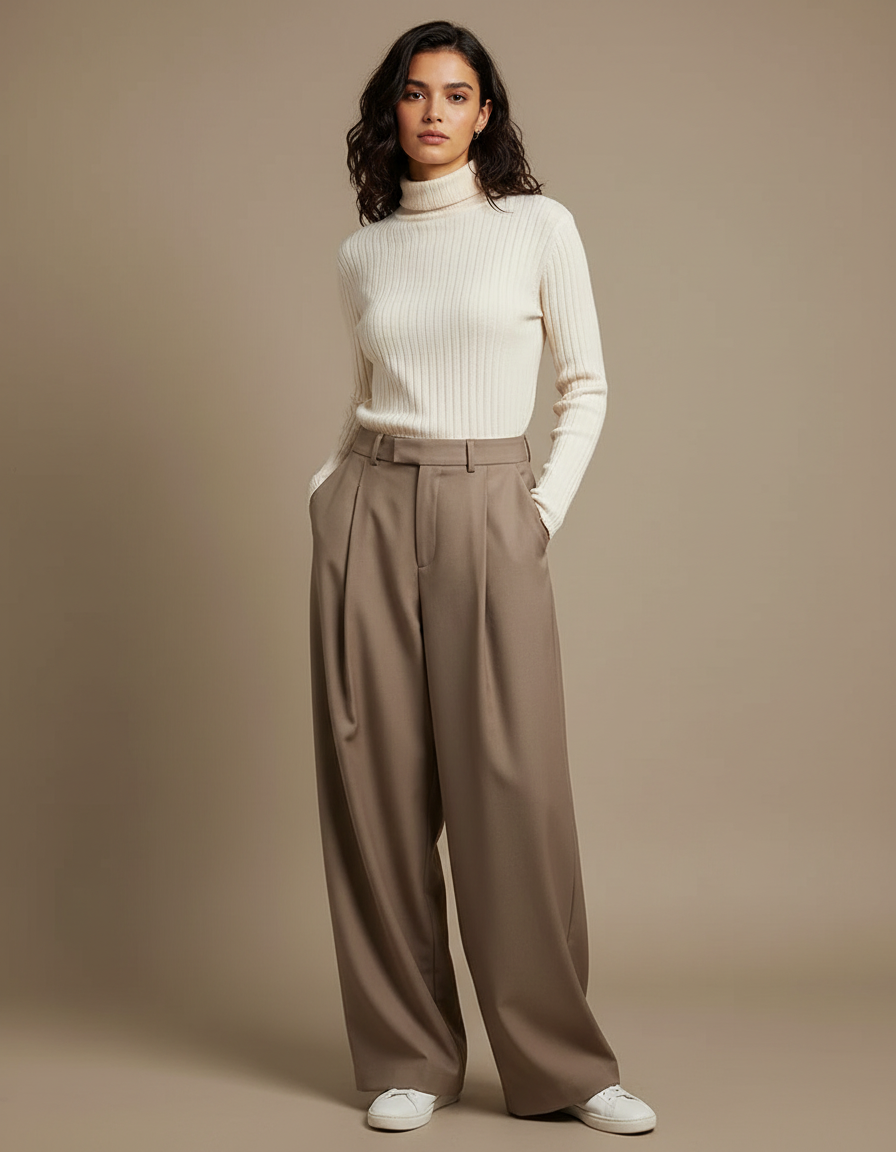 Pantalon Beige Taille Haute Plissé Ample Élégant Femme - Gabardine
