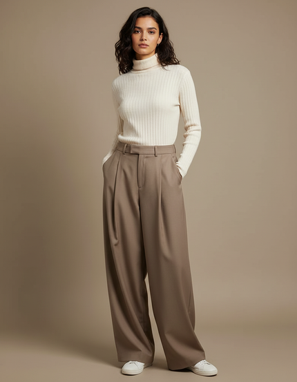 Pantalon Beige Taille Haute Plissé Ample Élégant Femme - Gabardine
