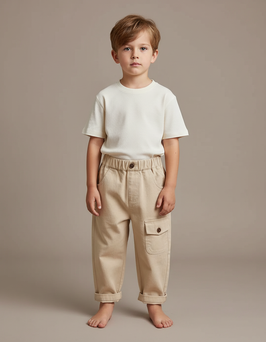 Pantalon Beige Cargo Coton Ample Confortable Enfant - Toile