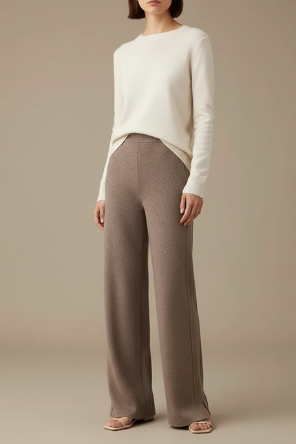 Pantalon Beige Laine Ample Tricoté Doux Fendu