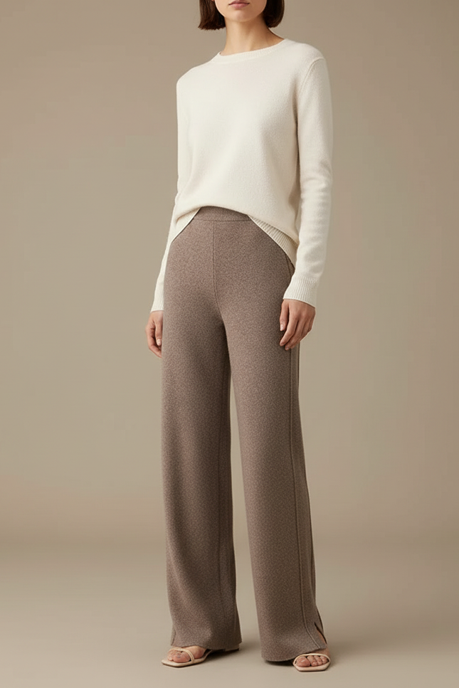 Pantalon Beige Laine Ample Tricoté Doux Fendu