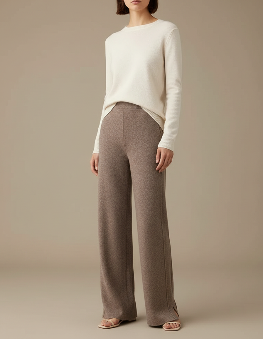 Pantalon Beige Laine Ample Tricoté Doux Fendu