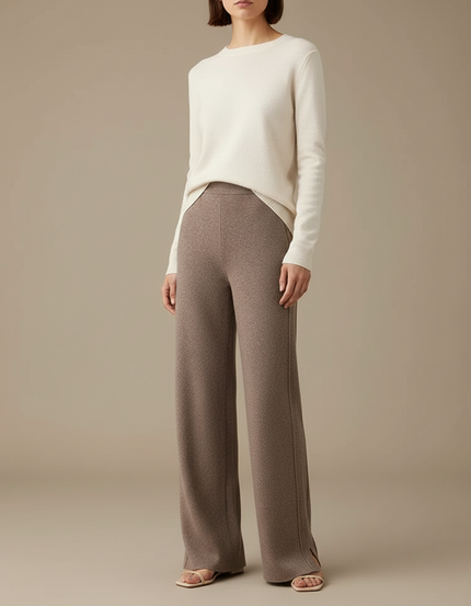 Pantalon Beige Laine Ample Tricoté Doux Fendu