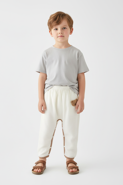 Pantalon Beige Côtelé Boutonné Brodé Confortable Enfant - Maille