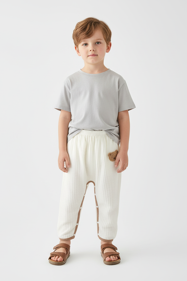 Pantalon Beige Côtelé Boutonné Brodé Confortable Enfant - Maille