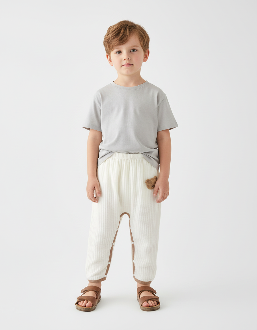 Pantalon Beige Côtelé Boutonné Brodé Confortable Enfant - Maille