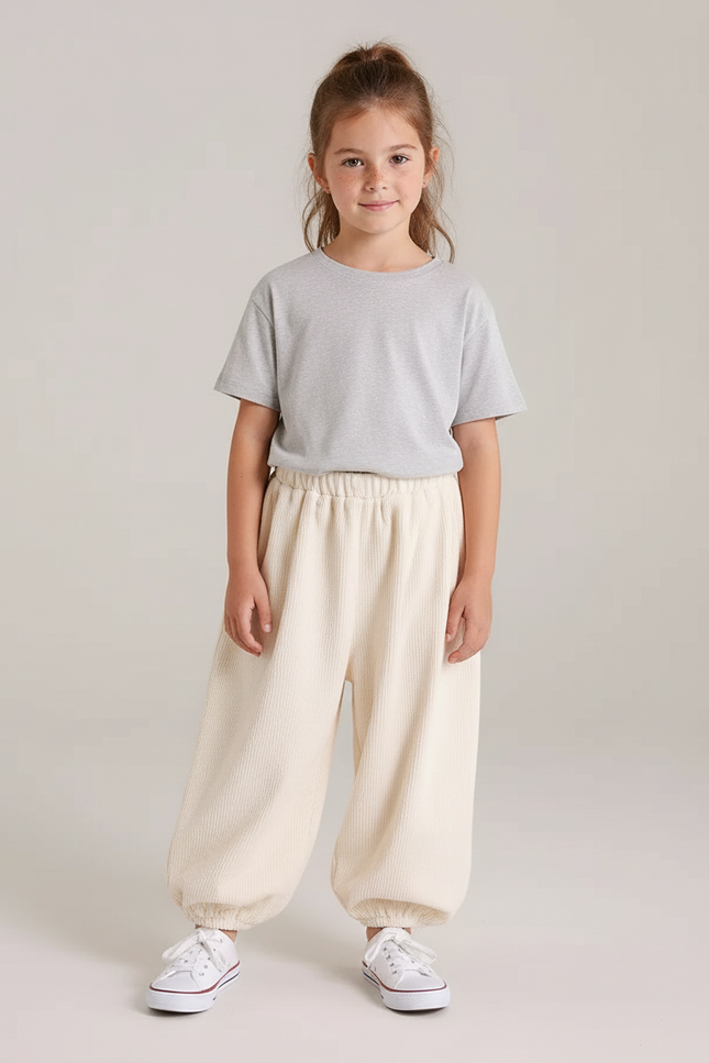 Pantalon Beige Côtelé Ample Élastique Enfant - Cordé