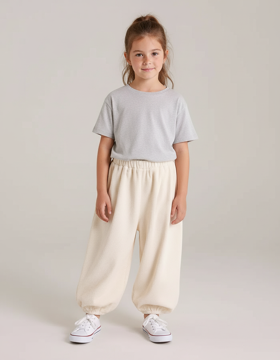 Pantalon Beige Côtelé Ample Élastique Enfant - Cordé