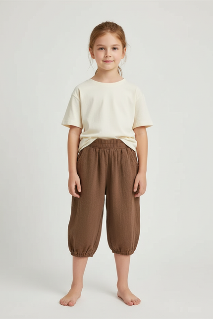 Pantalon Beige Coton Lin Ample Élastique Enfant - Marron