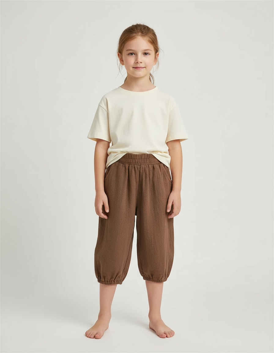 Pantalon Beige Coton Lin Ample Élastique Enfant - Marron