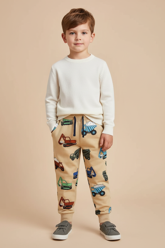 Pantalon Beige Enfant Imprimé Véhicules Cordon Sport - Molleton