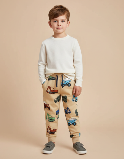 Pantalon Beige Enfant Imprimé Véhicules Cordon Sport - Molleton