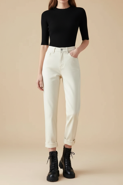 Pantalon Beige Droit Taille Haute Décontracté Chic - Jean