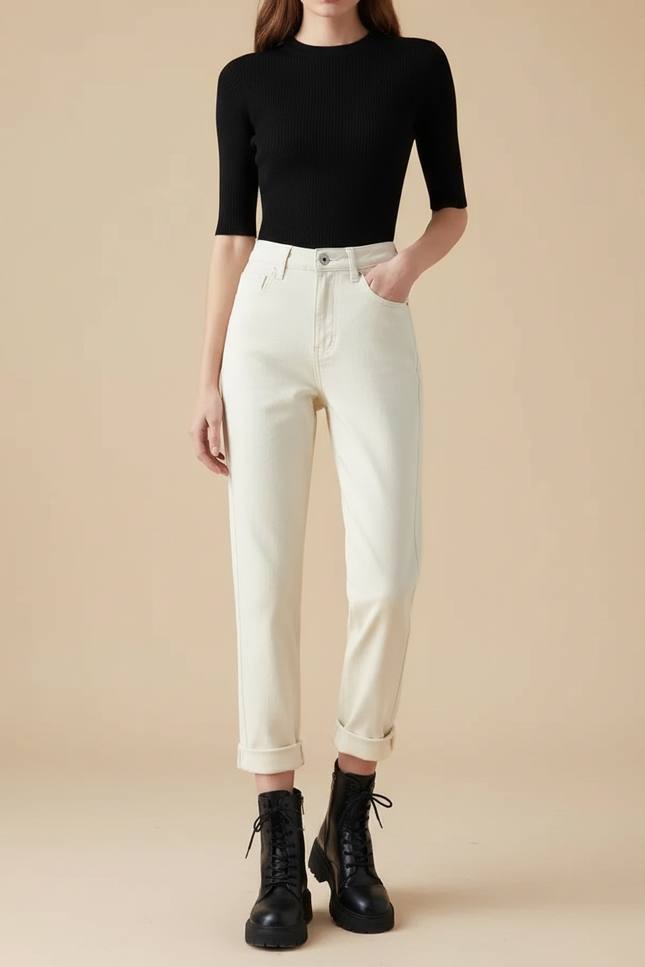 Pantalon Beige Droit Taille Haute Décontracté Chic - Jean
