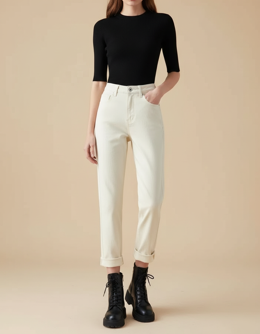 Pantalon Beige Droit Taille Haute Décontracté Chic - Jean