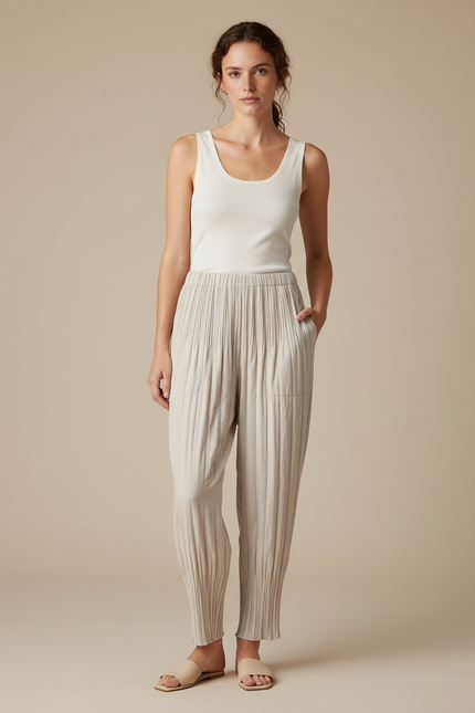 Pantalon Beige Plissé Ample Décontracté Fluide Femme - Polyester