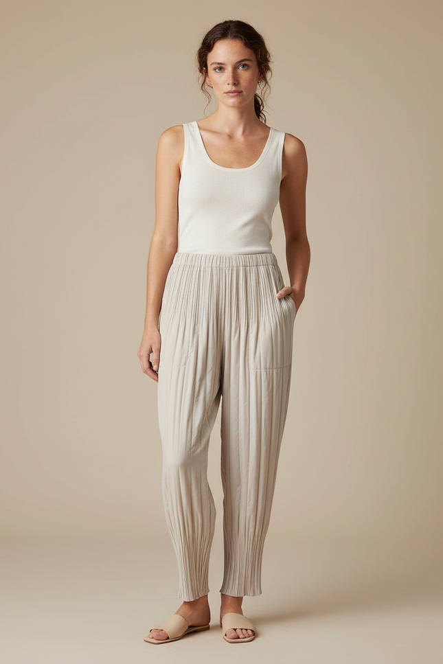 Pantalon Beige Plissé Ample Décontracté Fluide Femme - Polyester