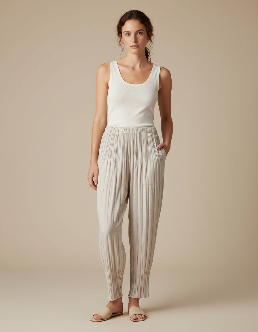 Pantalon Beige Plissé Ample Décontracté Fluide Femme - Polyester