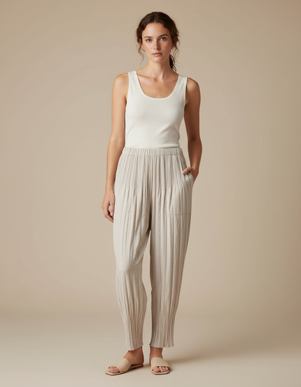 Pantalon Beige Plissé Ample Décontracté Fluide Femme - Polyester