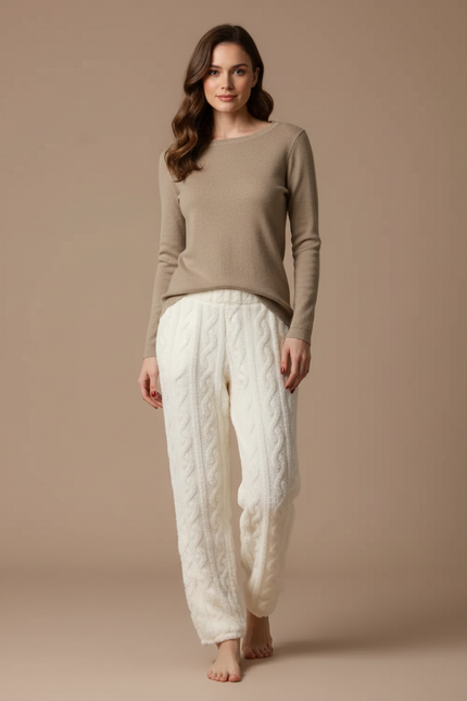 Pantalon Beige Tricoté Doux Confortable Torsadé Femme - Blanc Maille