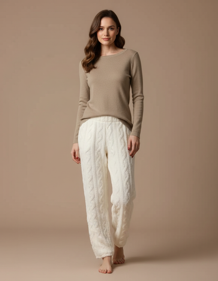 Pantalon Beige Tricoté Doux Confortable Torsadé Femme - Blanc Maille