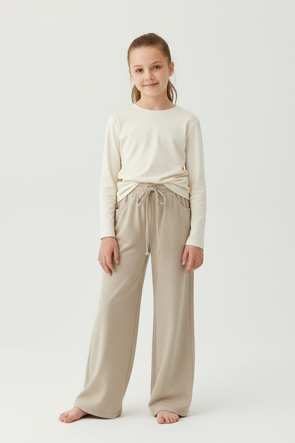 Pantalon Beige Ample Décontracté Confortable Fille - Molleton