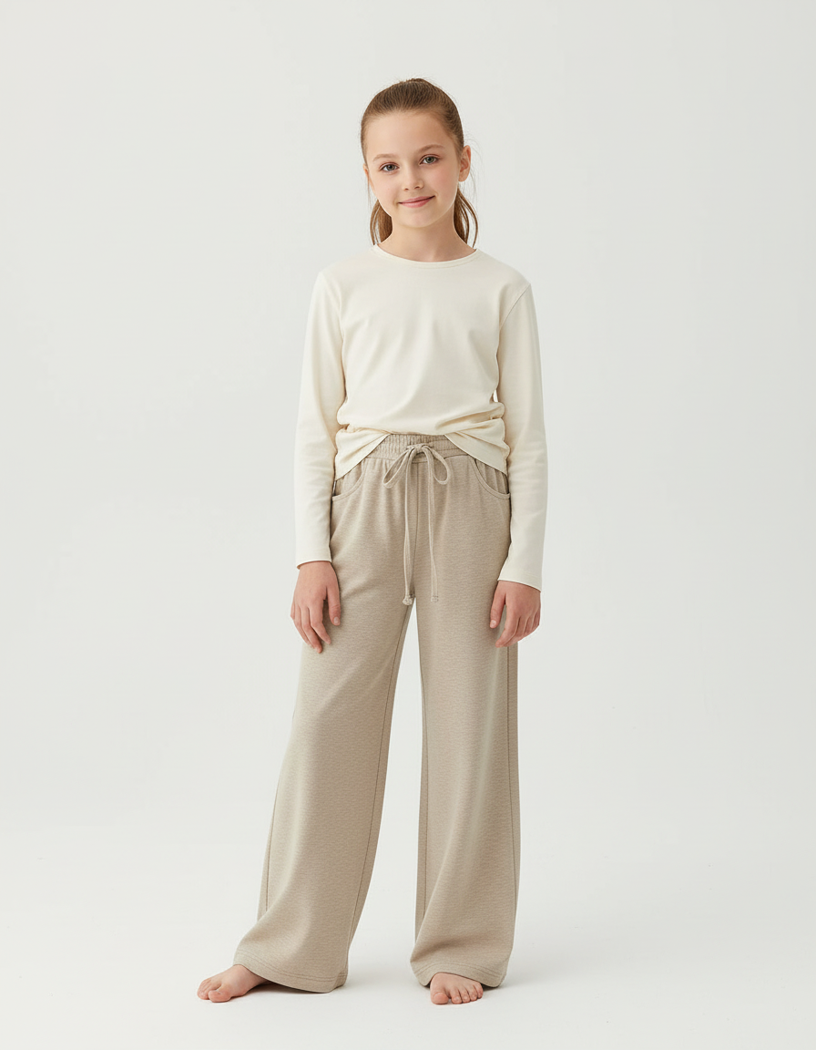 Pantalon Beige Ample Décontracté Confortable Fille - Molleton