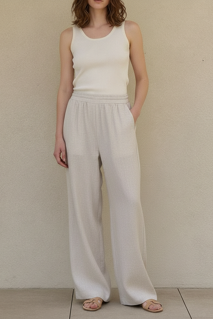 Pantalon Beige Ample Lin Décontracté Femme Fluide