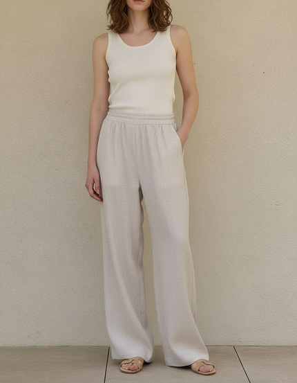 Pantalon Beige Ample Lin Décontracté Femme Fluide