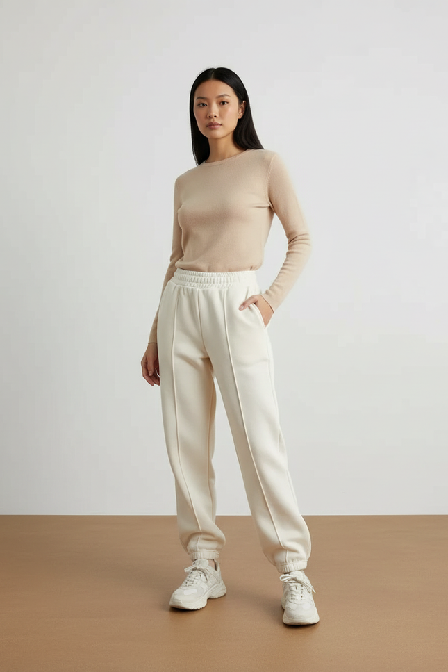 Pantalon Beige Molletonné Ample Confortable Cordon Femme