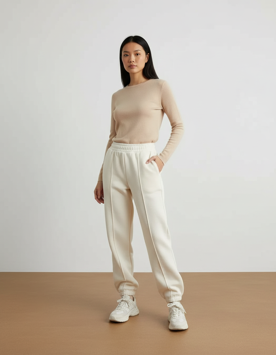 Pantalon Beige Molletonné Ample Confortable Cordon Femme