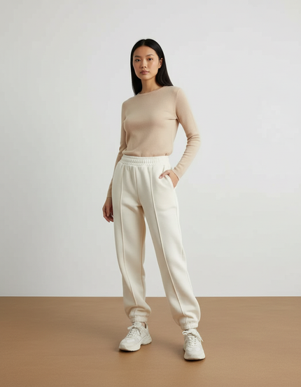 Pantalon Beige Molletonné Ample Confortable Cordon Femme