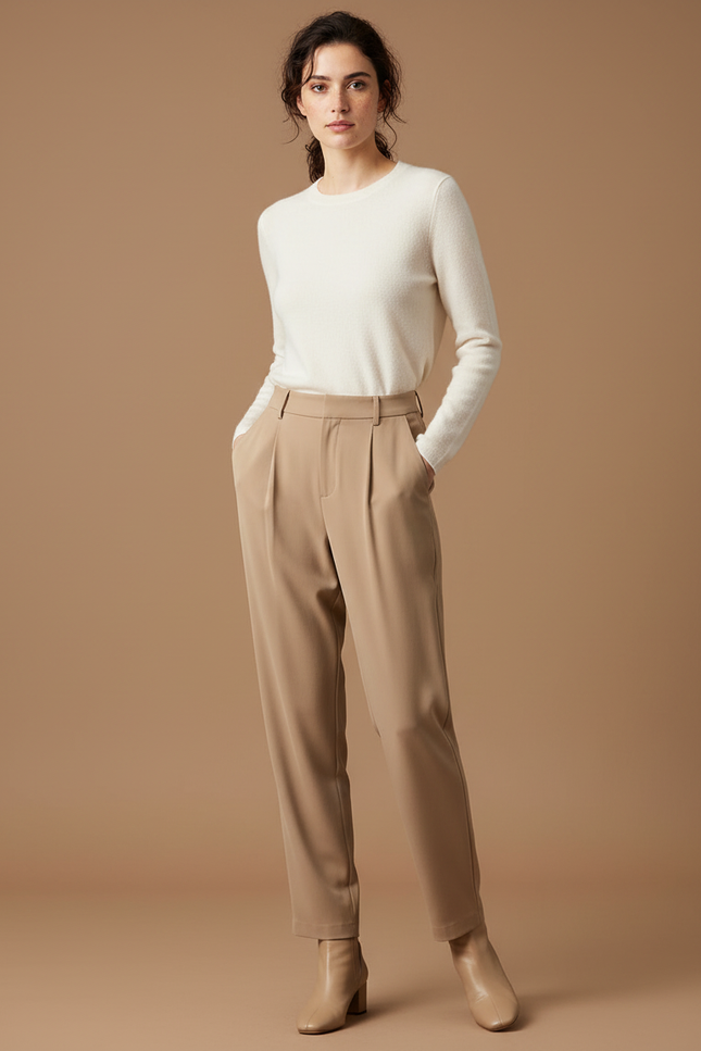 Pantalon Beige Plissé Droit Élégant Femme - Polyester