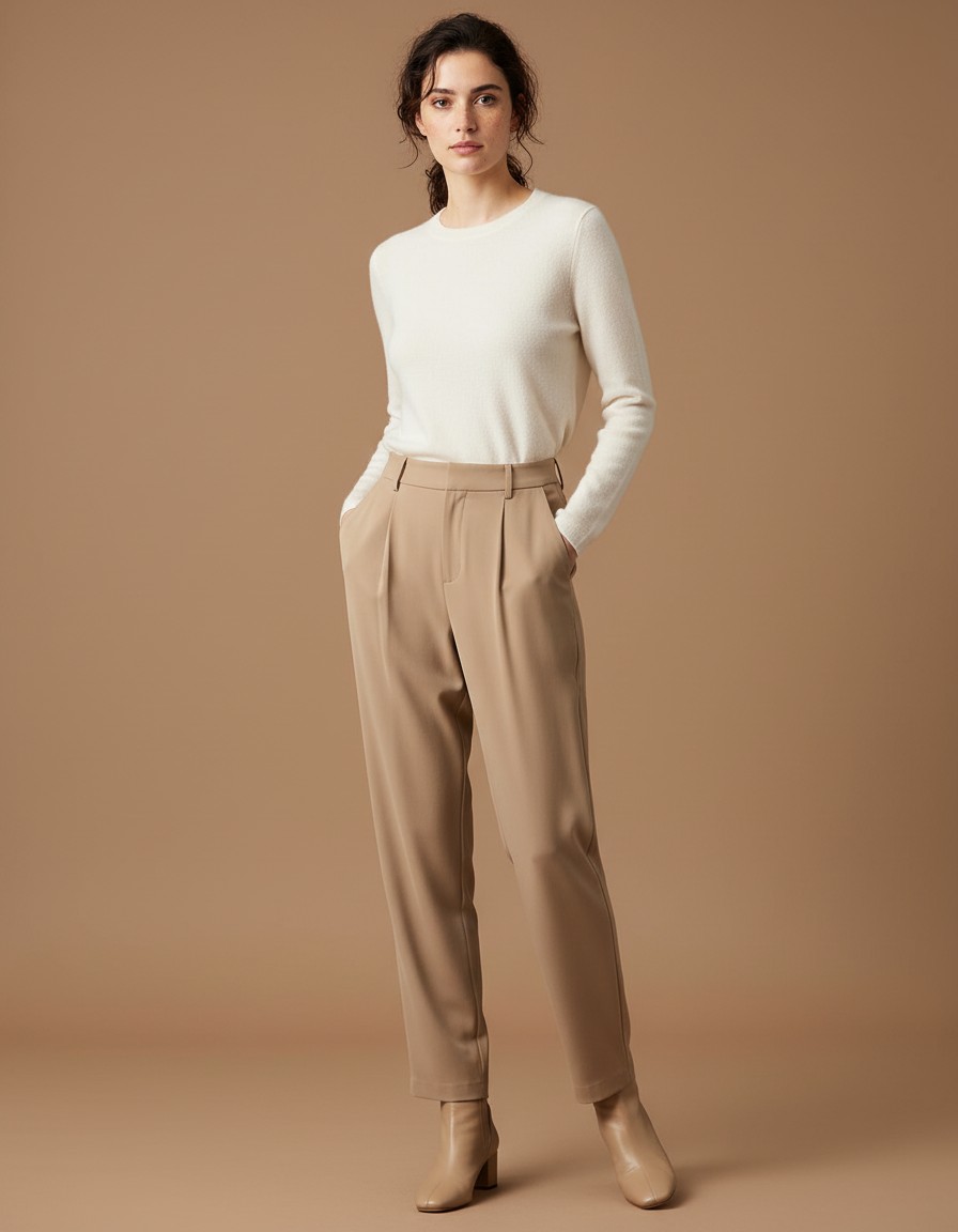 Pantalon Beige Plissé Droit Élégant Femme - Polyester