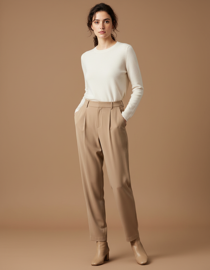 Pantalon Beige Plissé Droit Élégant Femme - Polyester