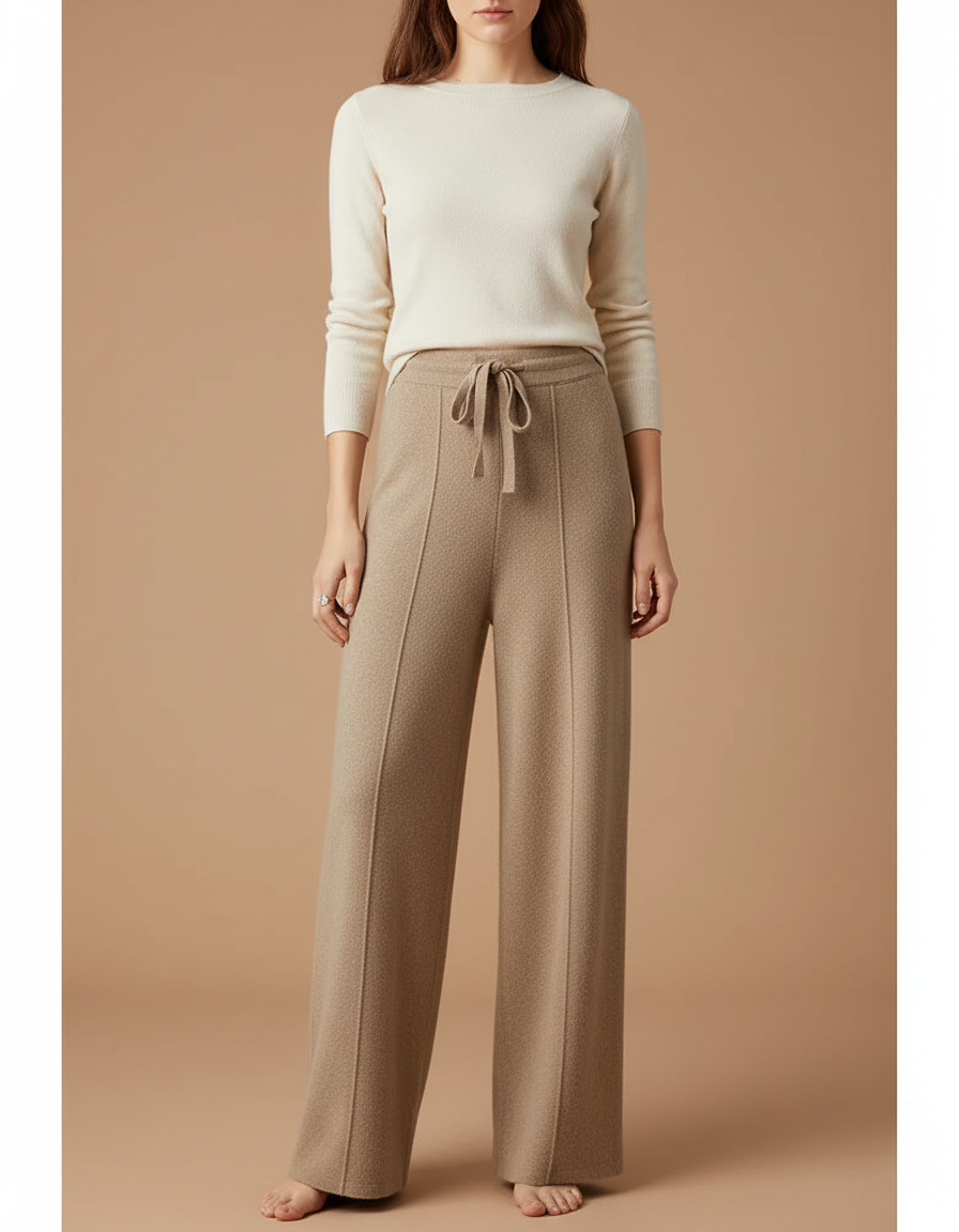 Pantalon Beige Tricoté Ample Taille Haute Décontracté - Maille