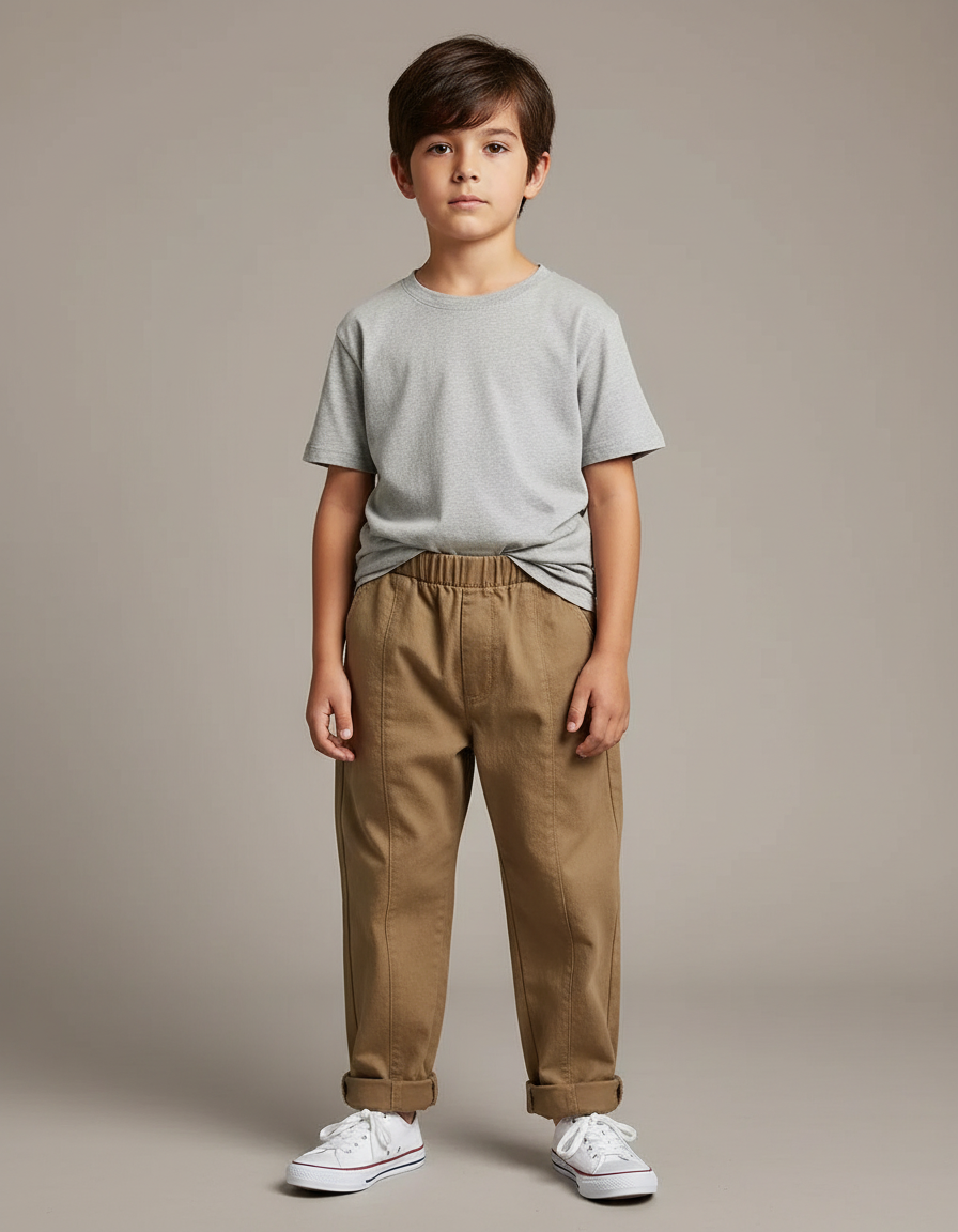 Pantalon Beige Coton Ample Élastiqué Enfant Unisexe - Camel Toile