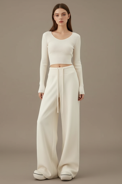 Pantalon Beige Ample Cordon Fluide Décontracté Femme - Molleton