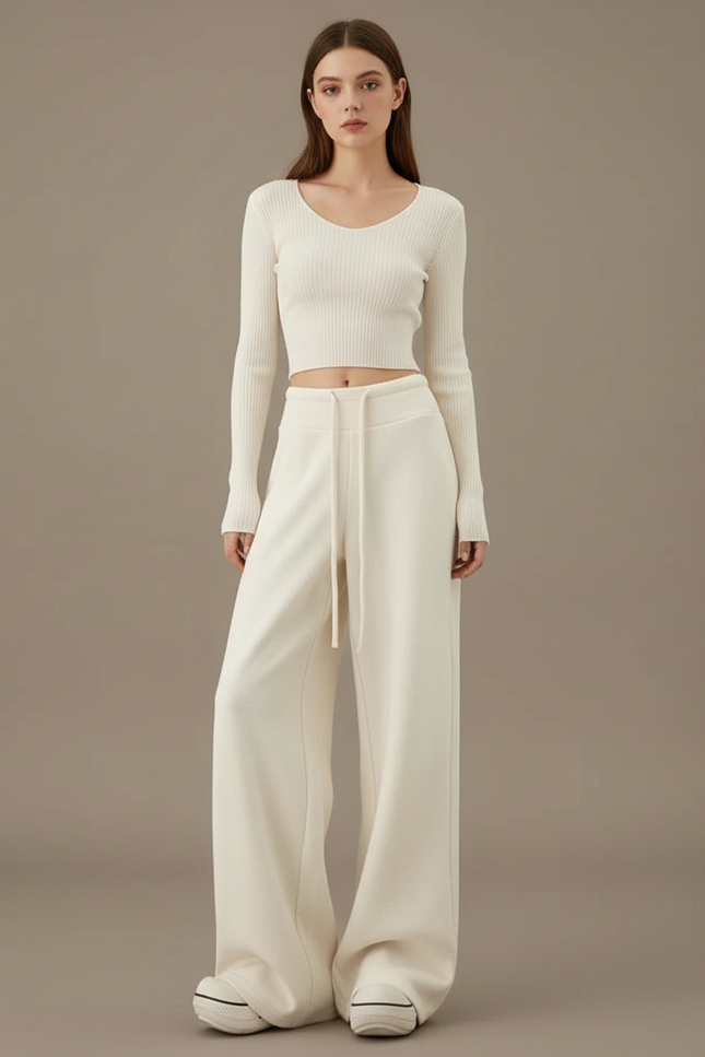 Pantalon Beige Ample Cordon Fluide Décontracté Femme - Molleton