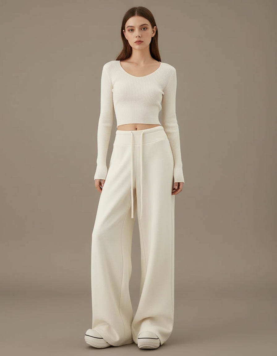 Pantalon Beige Ample Cordon Fluide Décontracté Femme - Molleton