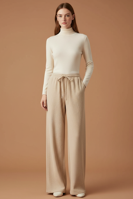 Pantalon Beige Côtelé Large Taille Haute Confortable - Cordé