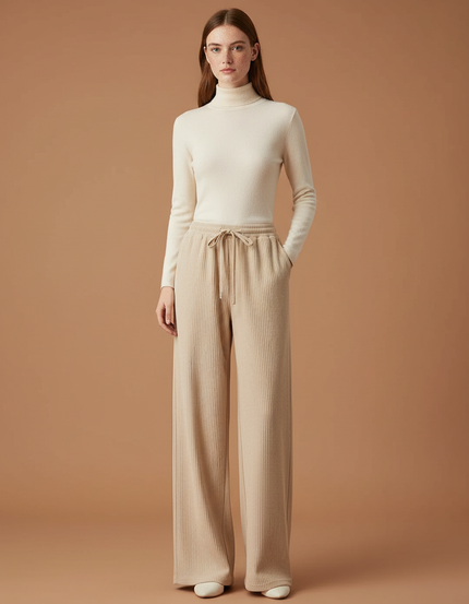 Pantalon Beige Côtelé Large Taille Haute Confortable - Cordé