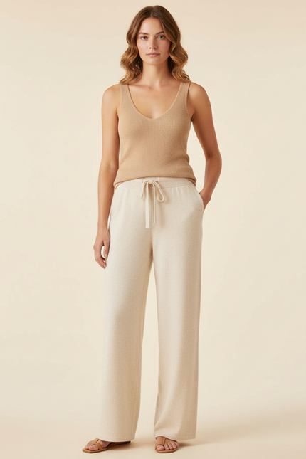 Pantalon Beige Ample Tricoté Cordon Confortable Femme - Maille