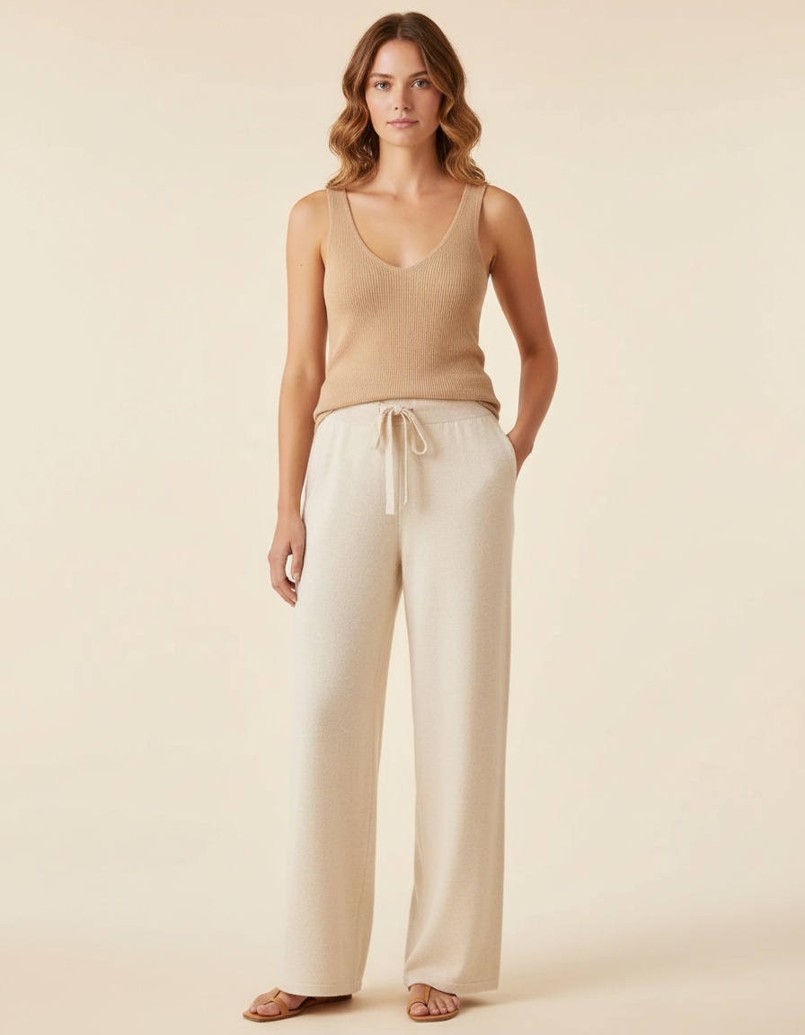 Pantalon Beige Ample Tricoté Cordon Confortable Femme - Maille