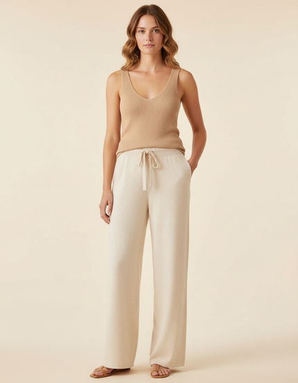Pantalon Beige Ample Tricoté Cordon Confortable Femme - Maille