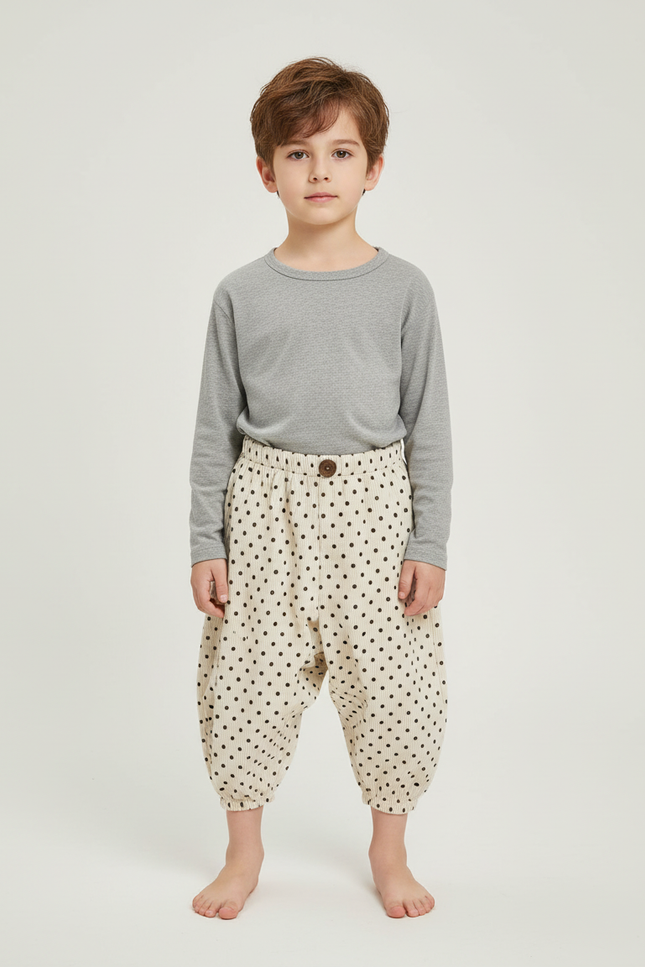 Pantalon Beige Côtelé Polka Dots Ample Enfant - Cordé