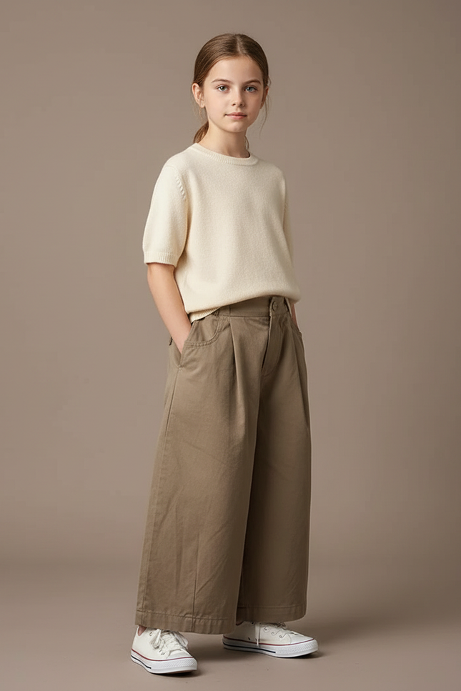 Pantalon Beige Enfant Ample Plissé Décontracté - Kaki Toile